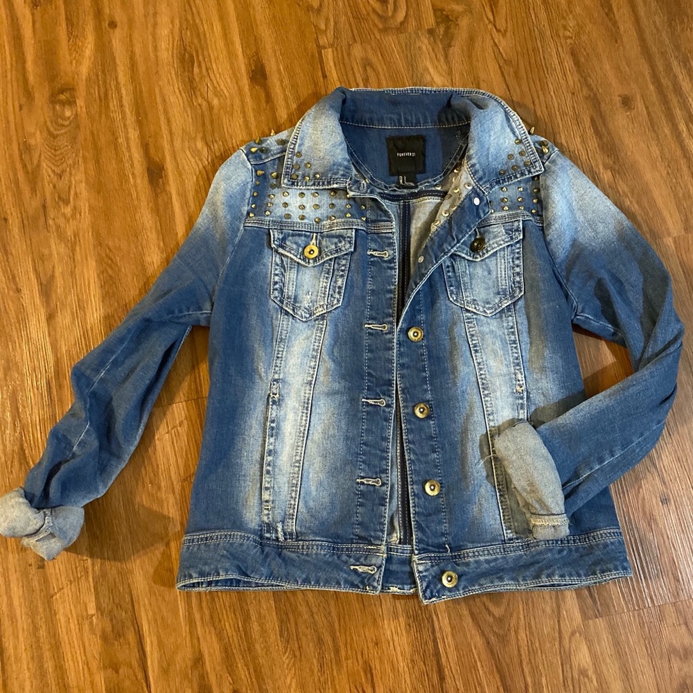 Forever 21 Studded Distressed Jean Jacket Denim